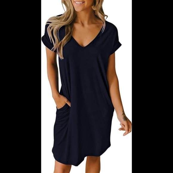 Women V-Neck Short Sleeve Dresses with Pockets - Picture 1 of 6